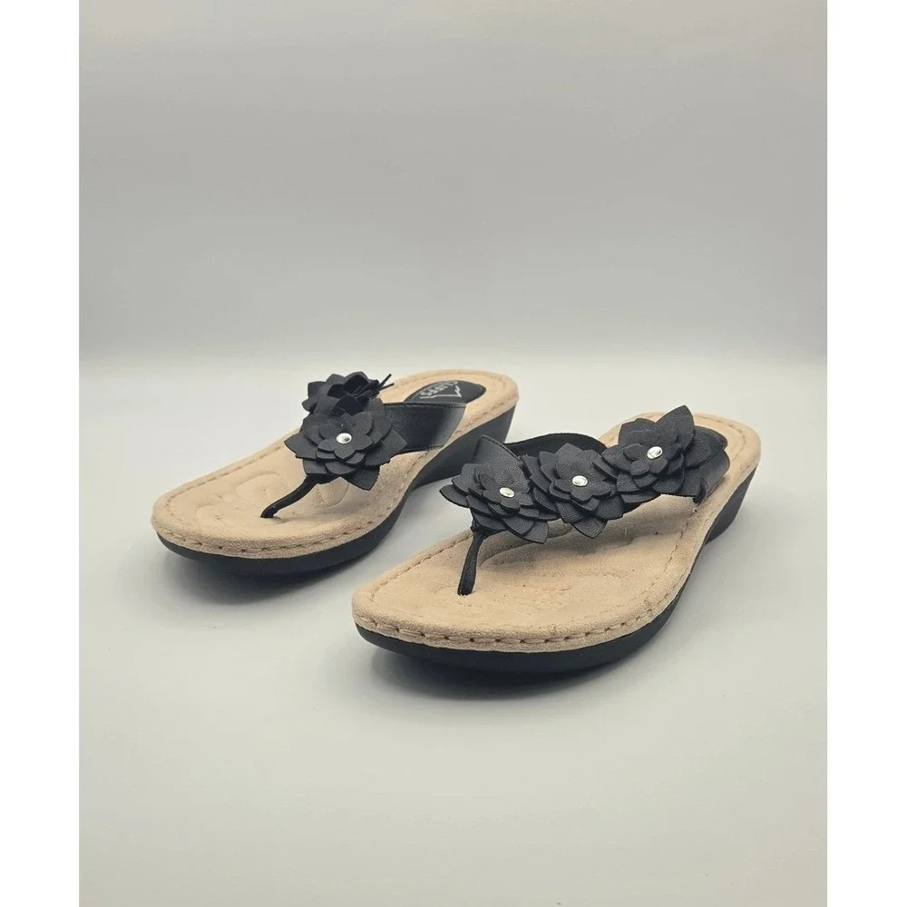 Cliffs White Mountain Cassilia Women Sandals 9W Black Floral Wedge Comfort